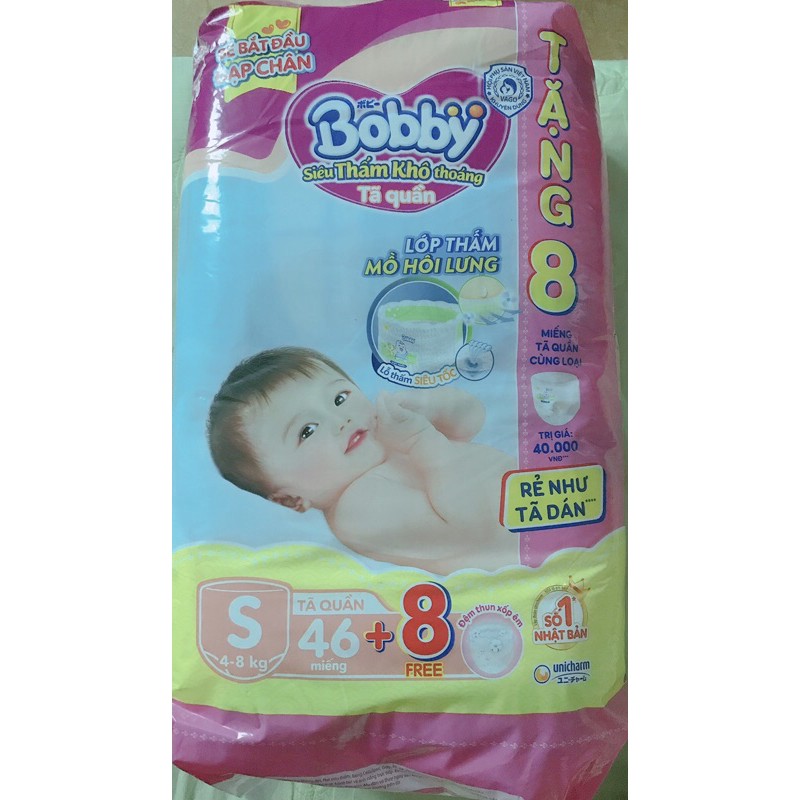 tã quần/ bỉm quần bobby size S 46 miếng( tặng 8 tã quần)