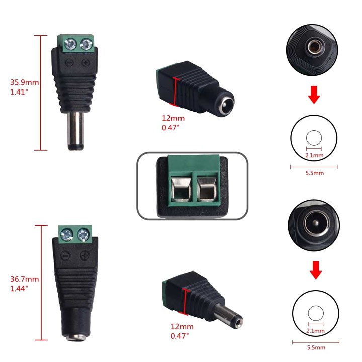 Jack DC Nối Nguồn Đực/Cái 5.5x2.1mm - Jack Nối Nguồn Camera Có Ốc Vặn