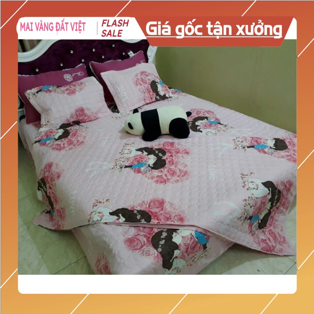Bộ ga gối poly cô dâu và chú rể nền hồng 1m6