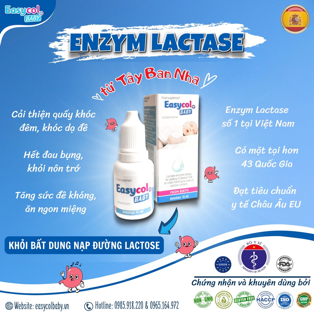 Enzym lactase  Easycol Baby cho trẻ bất dung nạp Lactose cải thiện tiêu hóa nhập khẩu Châu Âu dung tích 15ml