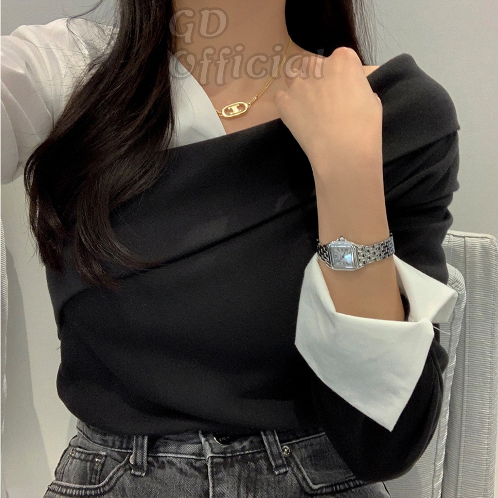 A84|Áo sơ mi nữ công sở chéo vạt hở vai cổ V tay dài hai màu tương phản trắng đen sang trọng hàn quốc GD Official