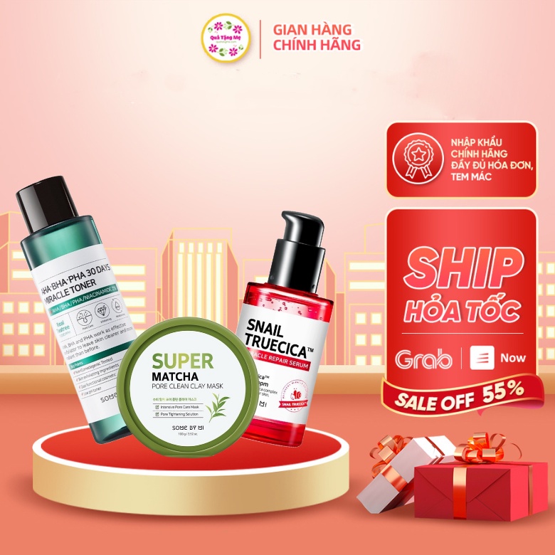 Bộ 3 Tonner AHA-BHA-PHA +tinh chất ốc sên +mặt nạ đất sét Some By Mi chăm sóc da giảm mụn thâm quatangme