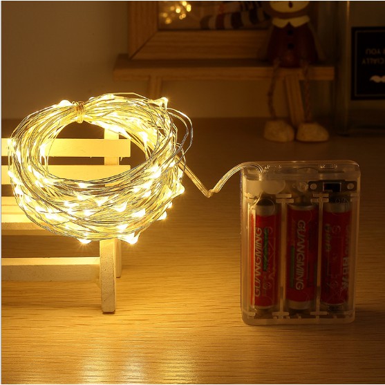 Dây đèn LED trang trí đom đóm, fairy light trắng, vàng, bốn màu sợi mỏng dùng pin AAA
