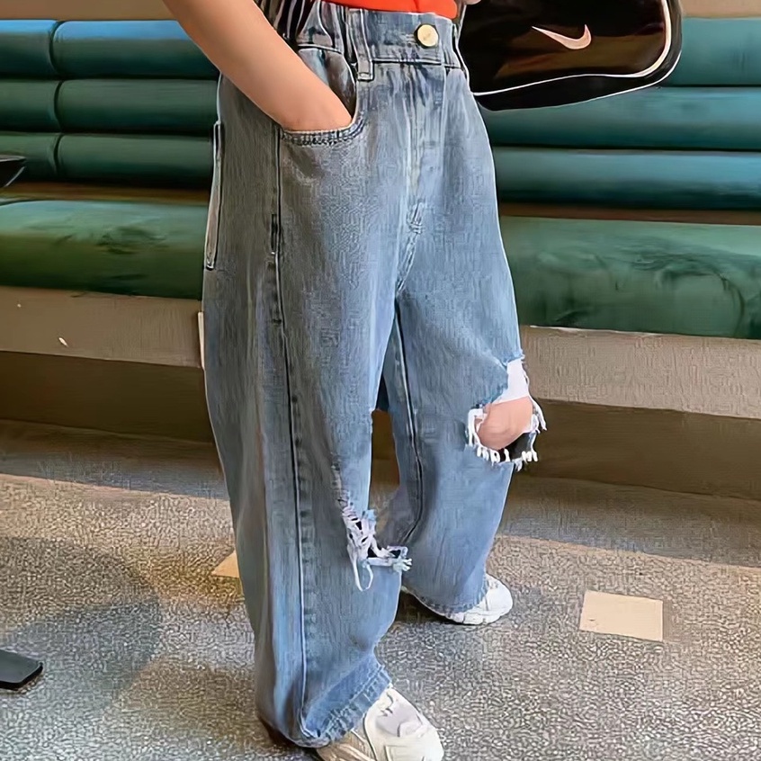 Quần Jeans Ống Rộng Lưng Thun Phối Vết Rách Thời Trang Mùa Hè Cho Bé Gái 1-6 Tuổi