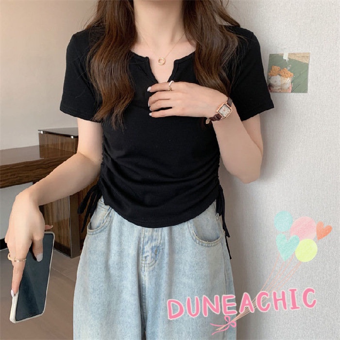 DUNEA Áo thun tay ngắn cổ chữ V phối dây rút thời trang cho nữ