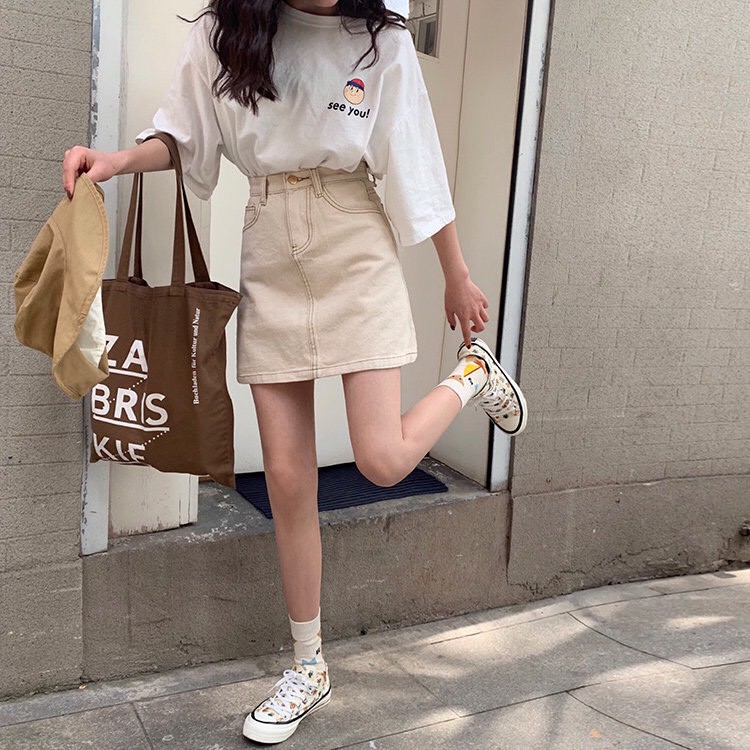 Chân Váy Cạp Cao Chữ A Màu Be Mới Nhất_V30