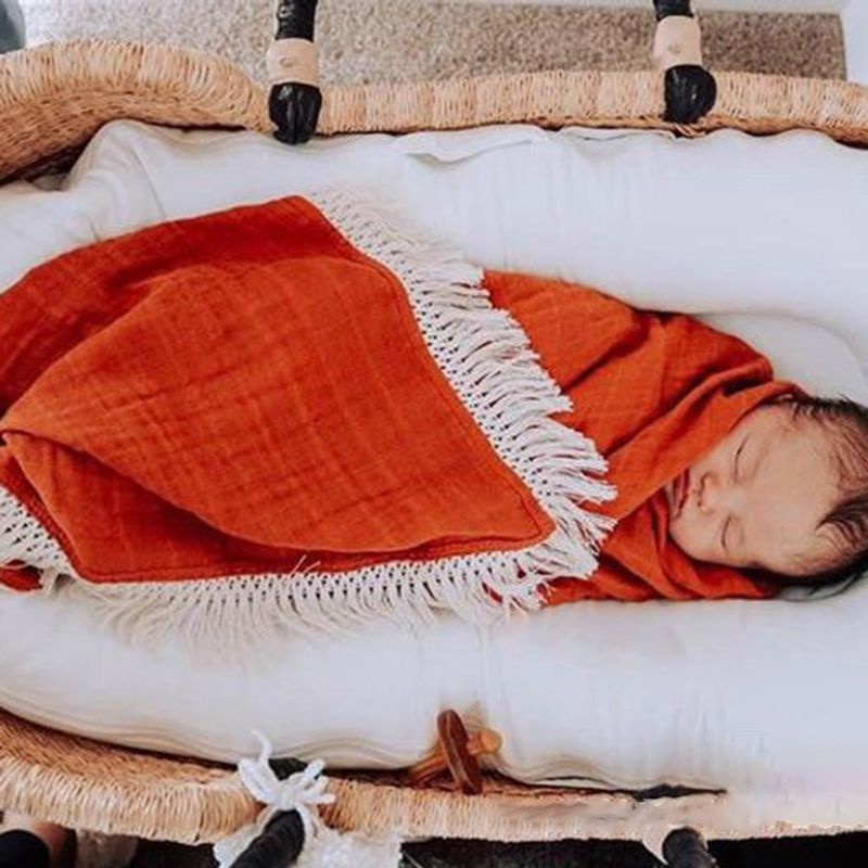 Chăn Quấn Em Bé Bằng Cotton Phối Tua Rua Hai Lớp Làm Phụ Kiện Chụp Ảnh