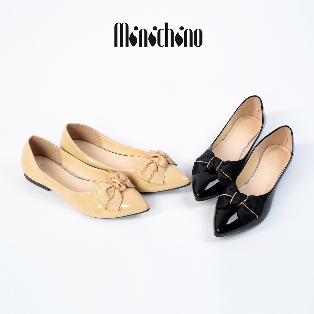 Giày búp bê nữ MINICHINO da bóng đế bằng mũi nhọn nơ xích thời trang màu đen TC026 | BigBuy360 - bigbuy360.vn