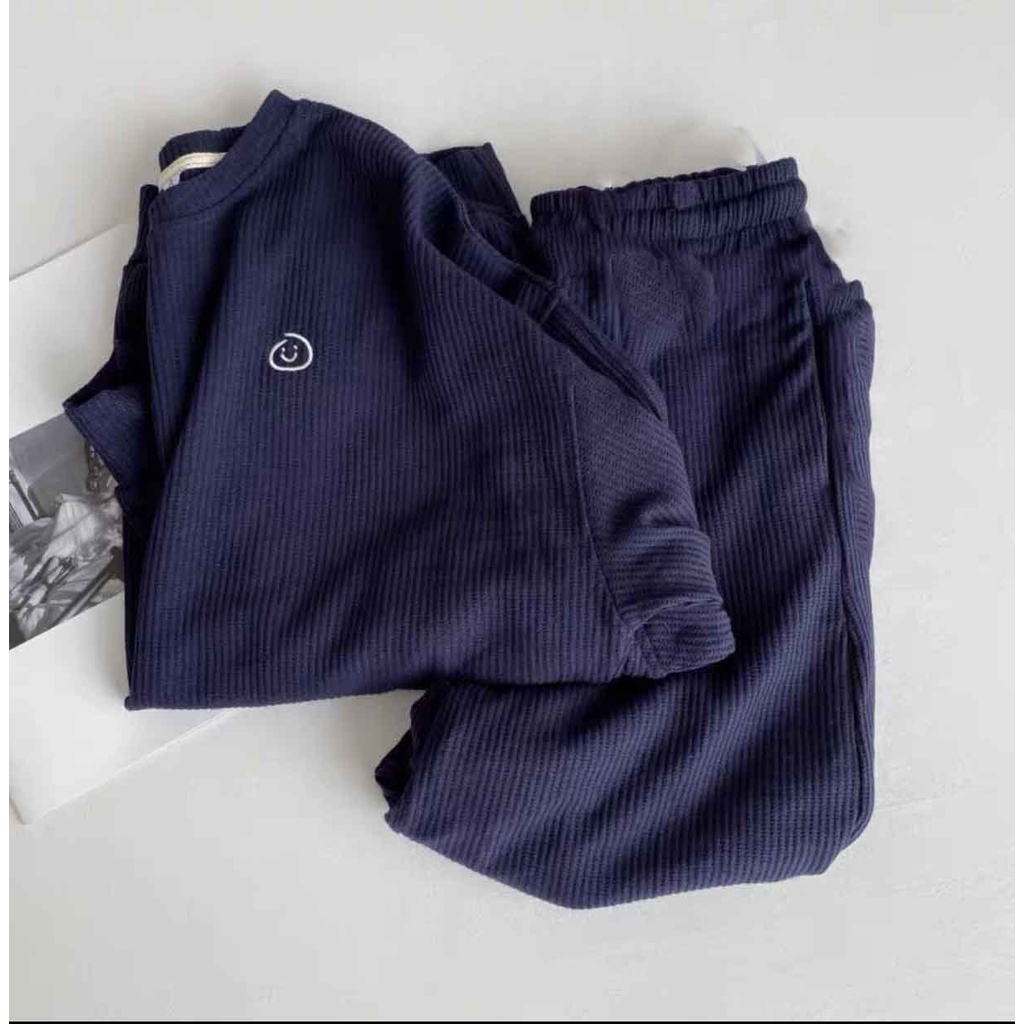 Bộ Tổ Ong Dài Tay Thêu Mặt Cười PEONYB Unisex [FREESHIP] Set quần sooc kèm áo thun dài tay form rộng kiểu dáng hàn quốc