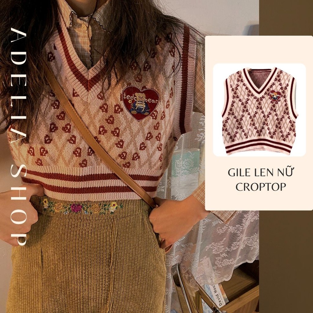 Gile Len | Áo Gile Len Dệt Kim Cổ V Dáng Croptop Rộng Ulzzang Kiểu Dáng Trẻ Trung, Hàng Quảng Châu | WebRaoVat - webraovat.net.vn