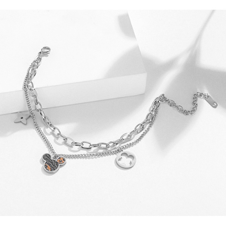 Lắc tay titan cao cấp 2 tầng hình chuột rớt hoa 4 cánh siêu đẹp, bền màu, hợp thời trang mang cá tính độc đáo