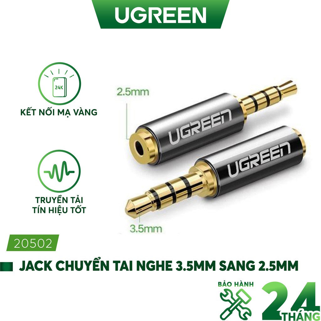 Đầu chuyển đổi 2.5mm cái (có lỗ) sang 3.5mm đực dài 25mm UGREEN 20502 (Đen)