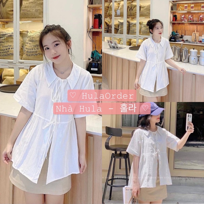 (Sẵn CV Size M) Set Áo Babydoll Trắng Nơ Ngực Kèm Chân Váy Chữ A - Size S/M - HULA 훌라
