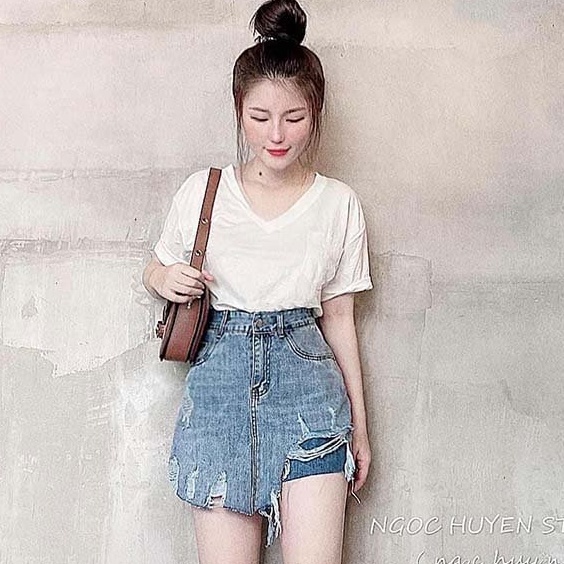Quần jean giả váy rách lai bên lưng cao!
