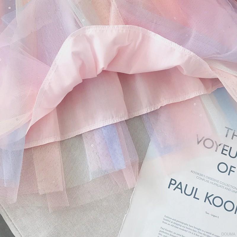 Đầm Xòe Công Chúa Phối Lưới Màu Cầu Vồng Thiết Kế Xinh Xắn Cho Bé Gái