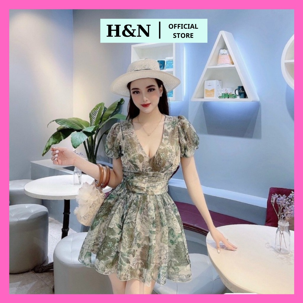 Jum nữ hoa xòe ngắn tay bồng thiế kế cổ V xinh đẹp HN CLOTHING V16