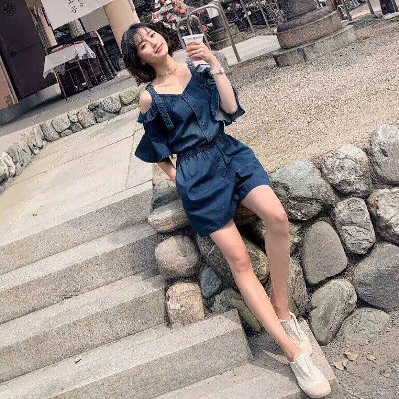 Jumpsuit short denim 2 dây trễ vai full.ML