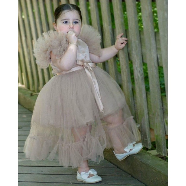 Đầm công chúa tay bông dành cho mã N01 màu cafe sữa