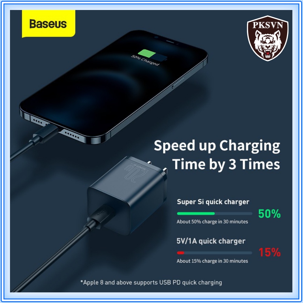Bộ Sạc Nhanh 20W + Cáp Sạc Nhanh 20w Chính Hãng Baseus Super Si Sạc đầy 50% pin chỉ trong 30p - Bảo Hành 12T