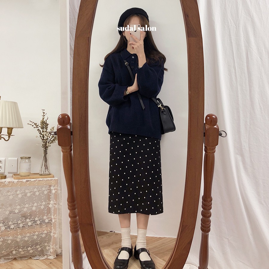 Chân váy Midi dài Lưng cao Chấm bi Dáng chữ A Ulzzang Hàn Quốc Chân váy Midi dài Cạp cao Thời trang