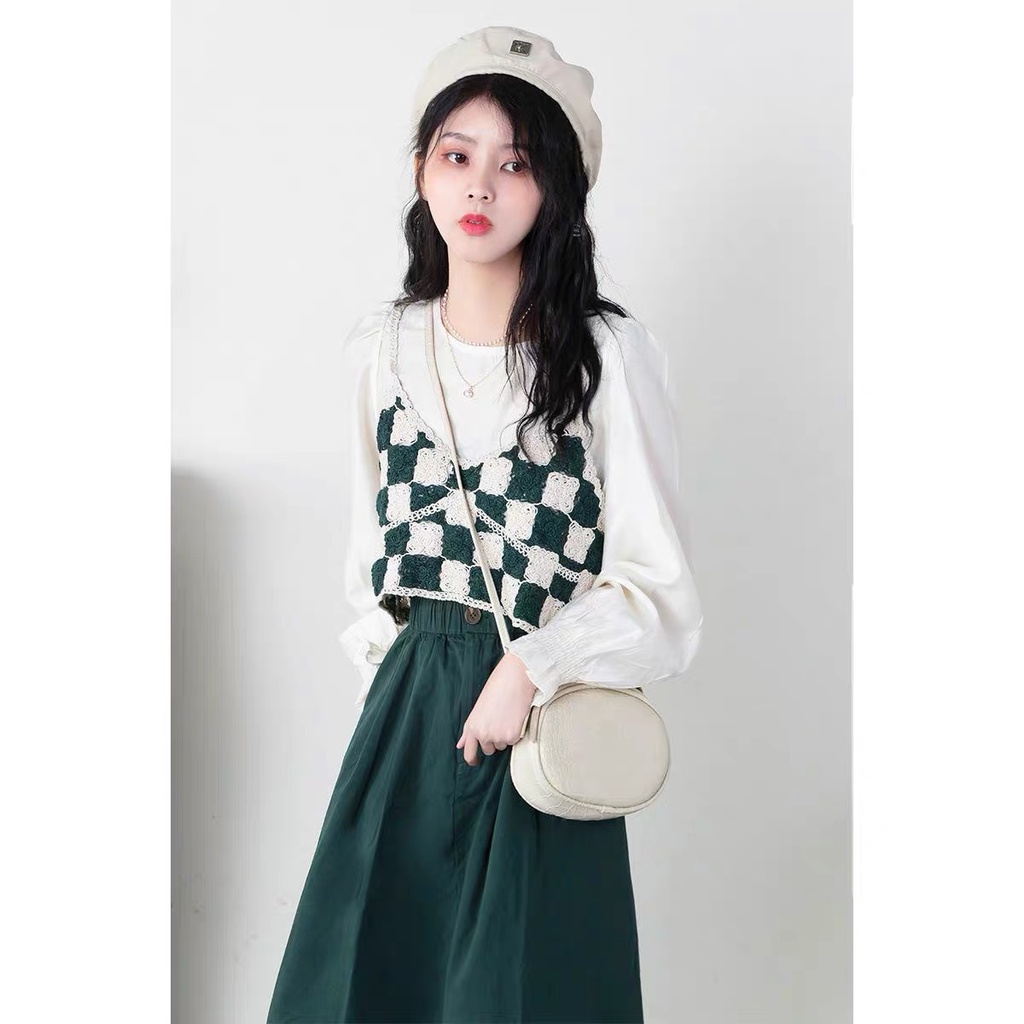 MS573 Áo hai dây len đan móc kẻ cảo đi biển, mix váy áo