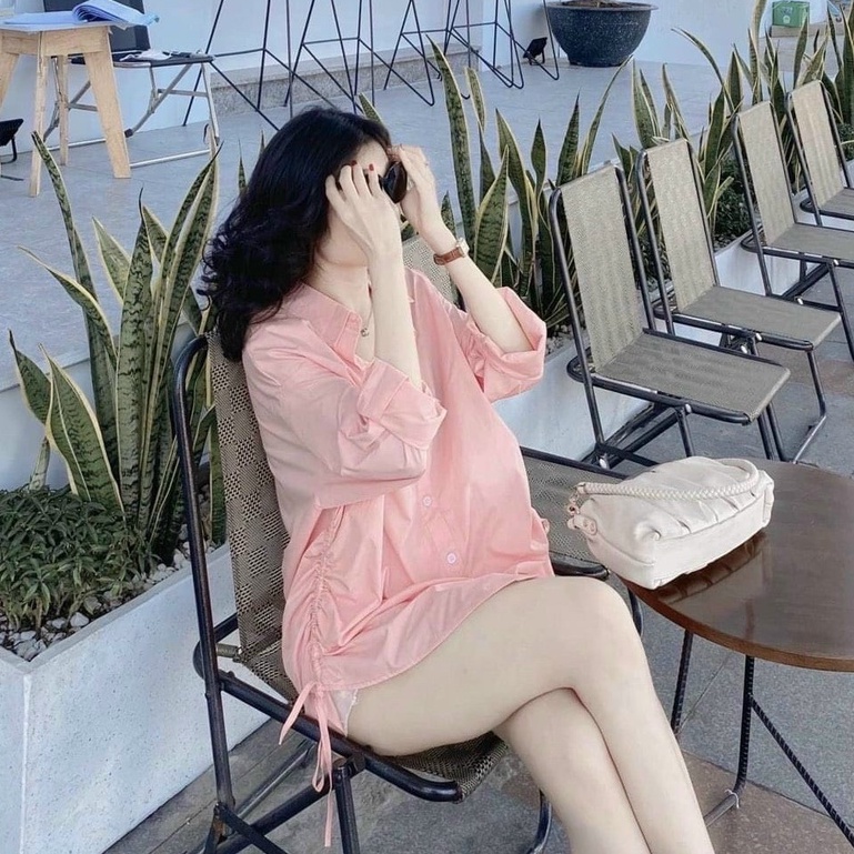 sét đồ nữ sang chảnh,bộ đồ nữ áo sơ mi rút dây kèm quần phối màu nhã nhặn ( Xanh ,Hồng )