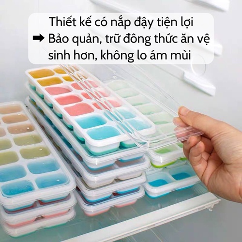 Khay đá 💎 Vỉ làm đá Silicon có nắp đậy kháng mùi tủ lạnh bảo quản thực phẩm an toàn giá rẻ 14 ô lấy đồ trữ đông dễ dàng