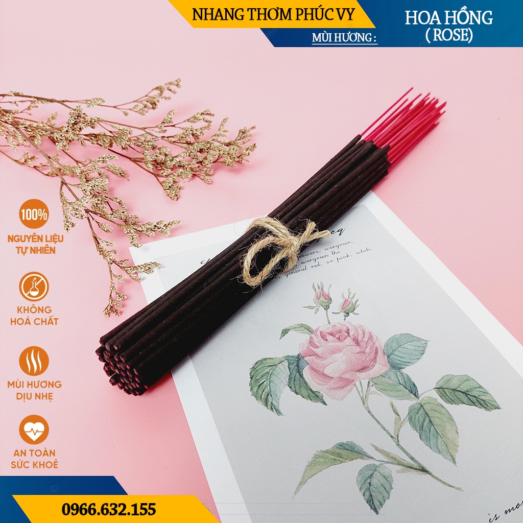 Nhang Thơm Phúc Vy Hương Hoa Hồng Rose - Túi 39 Cây 28cm, Ít Khói, Thơm Nhẹ, Dễ Chịu, Không kích mũi