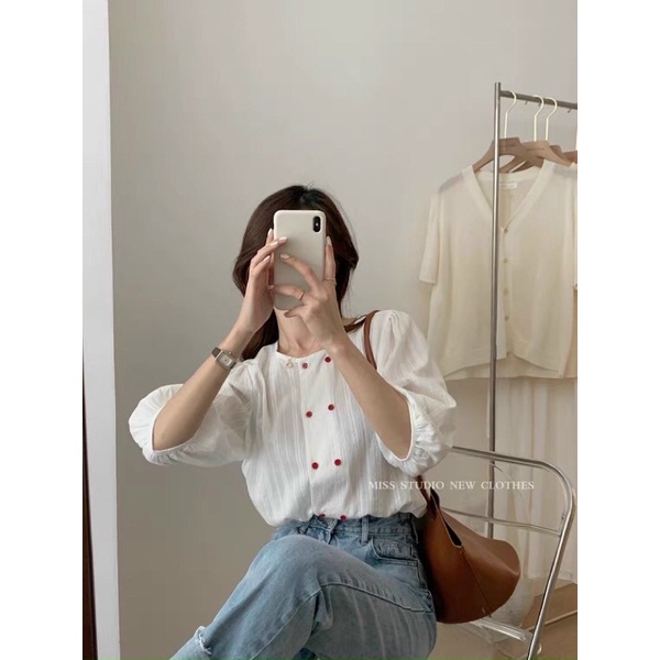 Áo babydoll cổ tròn tiểu thư 2 đường cúc
