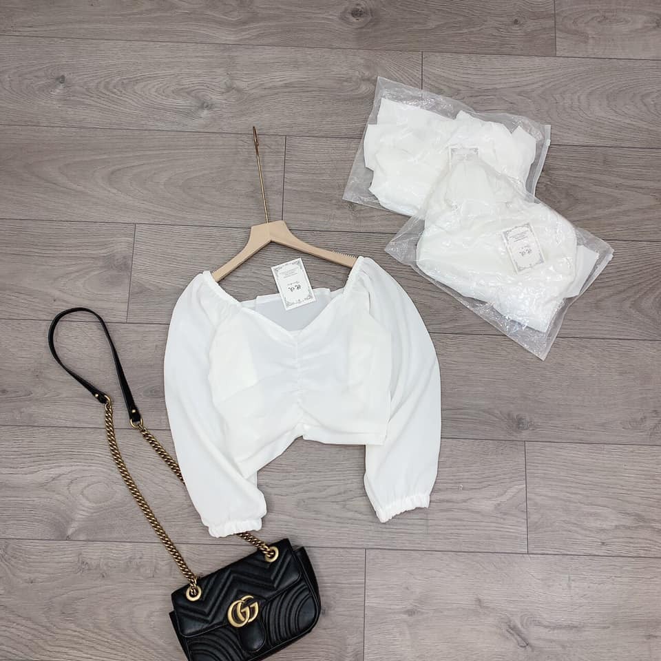 Áo rúm ngực cổ V croptop dài tay, chất đũi siêu xinh, siêu mát-giadungsieure