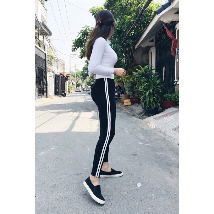 Quần Legging Lưng Liền Đen 2 Sọc Trắng Thun Co Giãn Mềm Mại | BigBuy360 - bigbuy360.vn