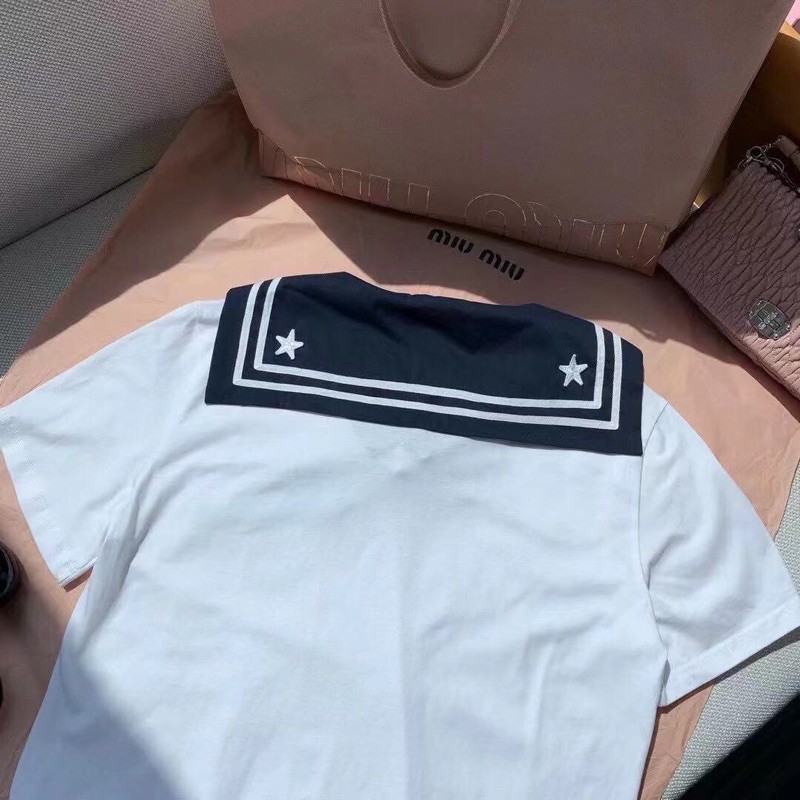 Áo phông ngắn tay Miumiu hàng cao cấp thiết kế cổ áo thủy thủ siêu trẻ trung
