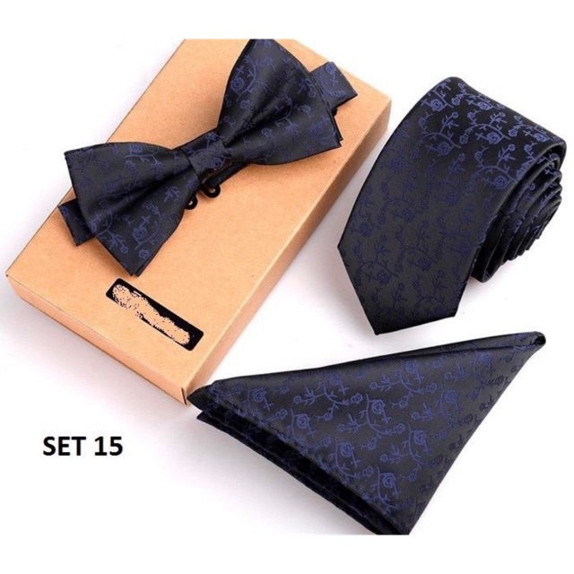 Set cà vạt bản nhỏ, nơ đeo cổ và khăn áo vest màu xanh đen