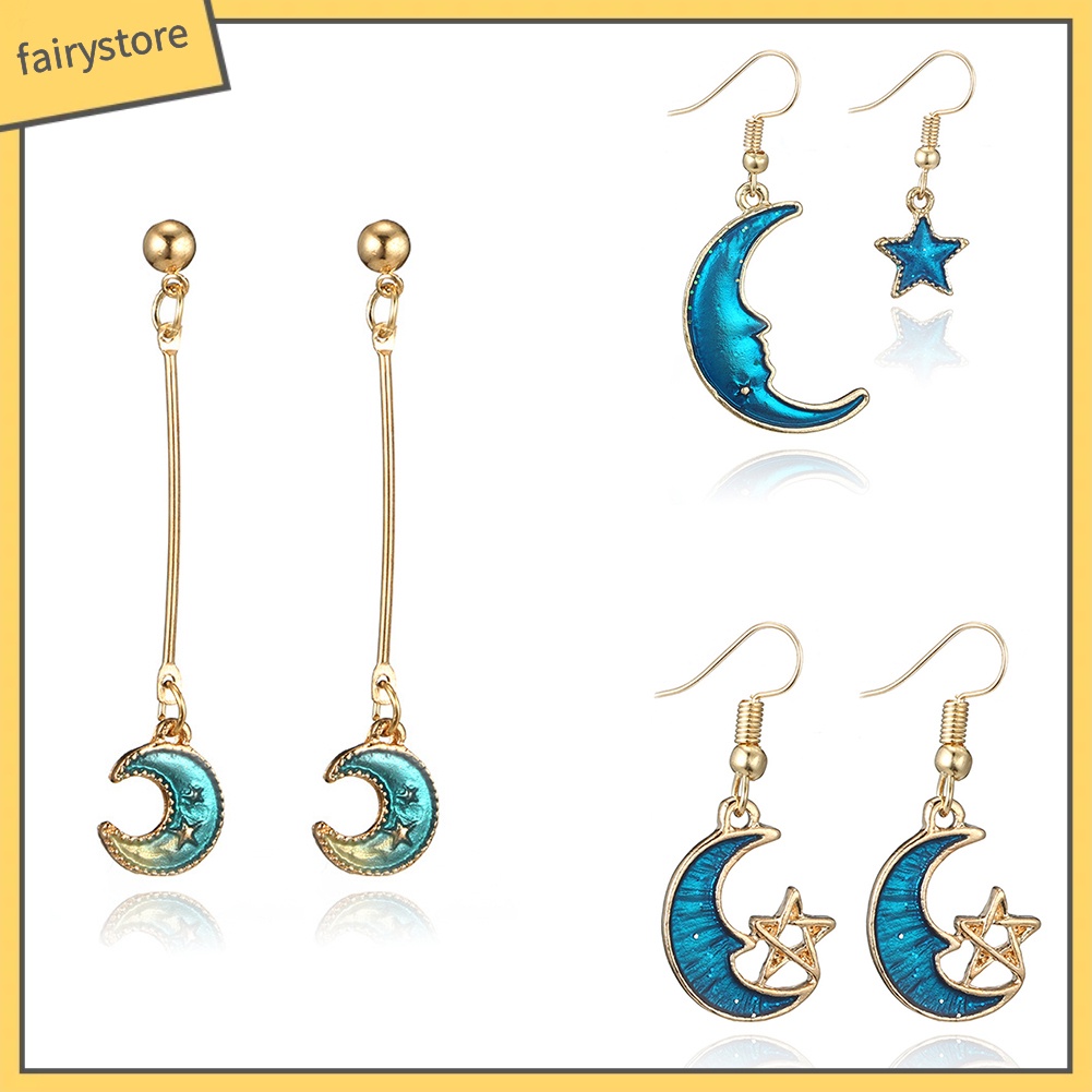 Bông tai dáng dài hình mặt trời/mặt trăng và ngôi sao độc đáo cho nữ