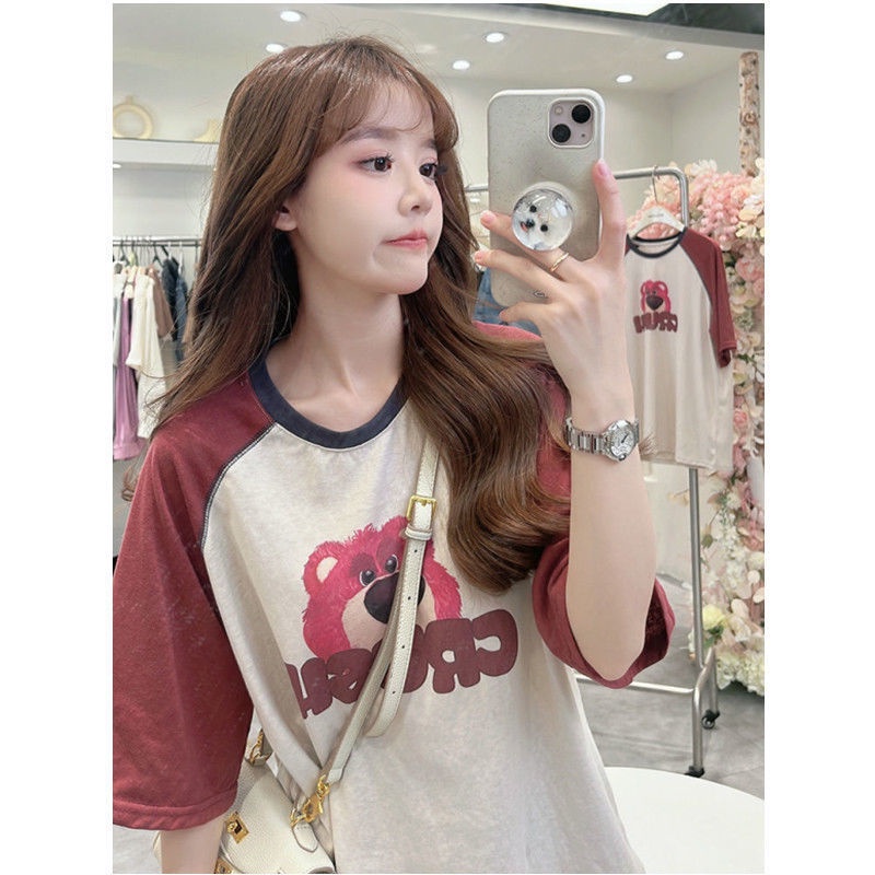 Jiashucheng Áo Thun Tay Ngắn Dáng Rộng In Họa Tiết Gấu Và Dâu Tây Thời Trang Mùa Hè 2023 Mới Cho Nữ