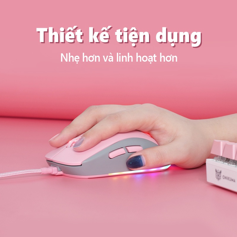 Chuột chơi game có dây ONIKUMA CW918 Catpaw màu hồng và trắng với đèn RGB