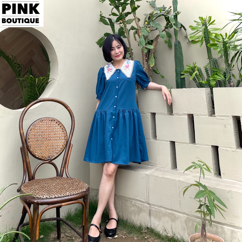 Váy Xuông Vintage Đuôi Cá, Đầm Dáng Suông Tay Ngắn Phồng Cài Cúc Thiết Kế PINKBOUTIQUE