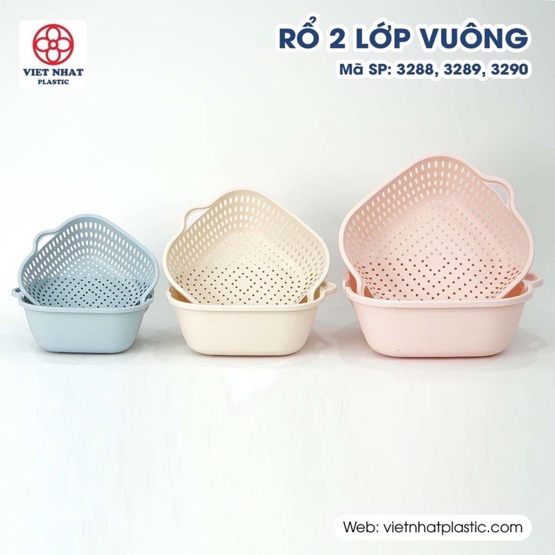 Bộ rổ nhựa vuông 2 lớp Việt Nhật 3288, 3289, 3290 Bộ rổ kèm chậu Rổ đựng rau củ tươi ngon