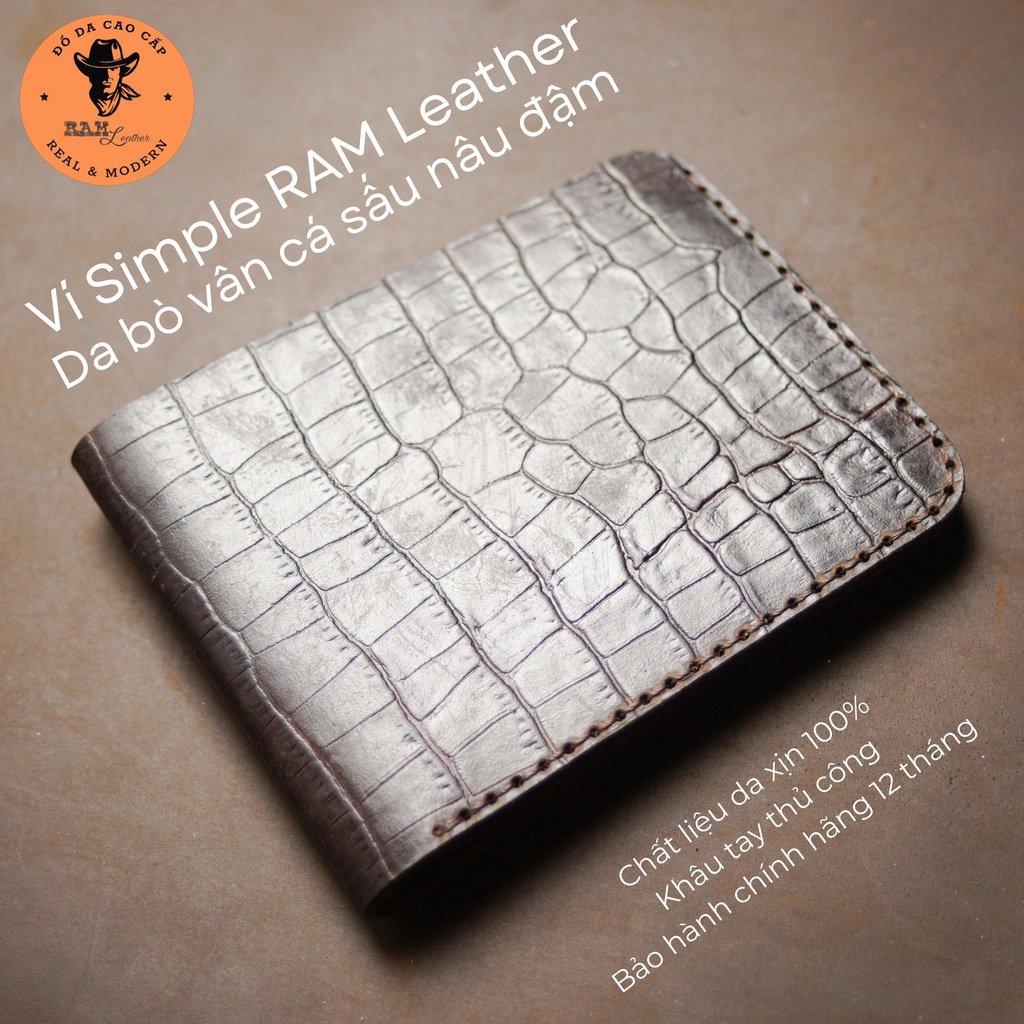 Ví nam Da Bò Ram Leather Simple Vân Cá Sấu Màu Nâu Đậm