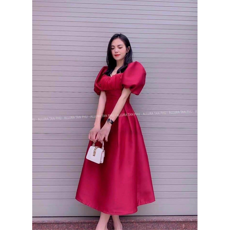 [ HÀNG CAO CẤP ]Đầm cổ vuông tay phồng xếp li eo thiết kế dự tiệc sang trọng | BigBuy360 - bigbuy360.vn