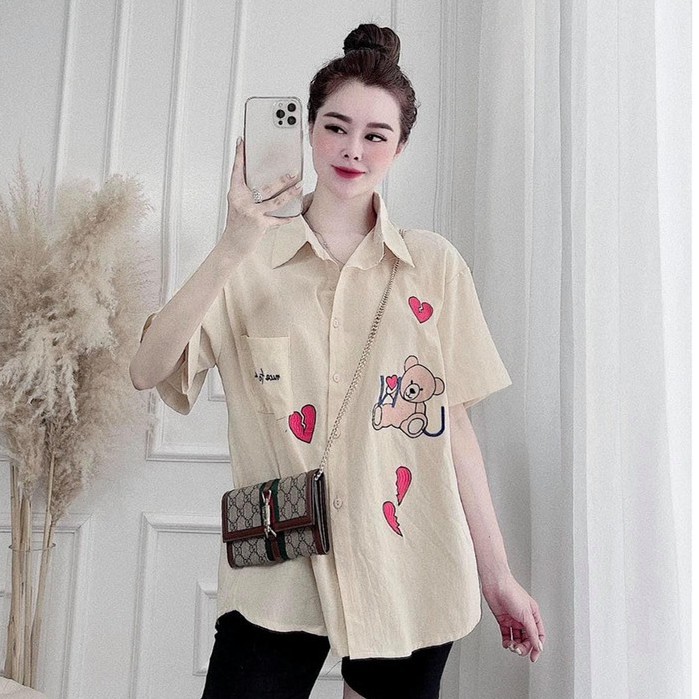 Áo Sơ Mi Gấu Trái Tim Thêu Chữ NICE TO MEET YOU Siêu Cute | BigBuy360 - bigbuy360.vn