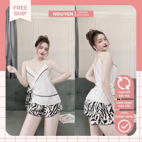 Đồ Bộ Nữ Đồ Mặc Nhà NGUYEN, Đồ Lụa Mặc Nhà, Bộ 2 Dây Cột Nơ Eo Họa Tiết Chất Lụa Latin Cao cấp, Mềm Mịn Thoáng Mát.