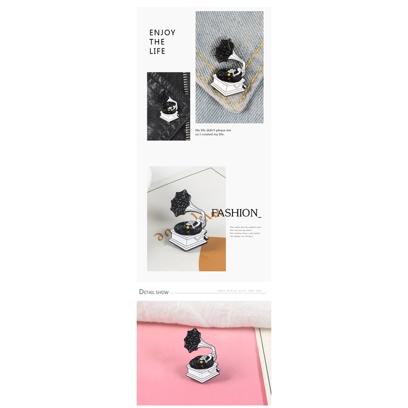 Ghim cài áo QIHE JEWELRY hình máy hát đĩa than màu đen họa tiết vũ trụ đầy sao độc đáo tráng men thời trang