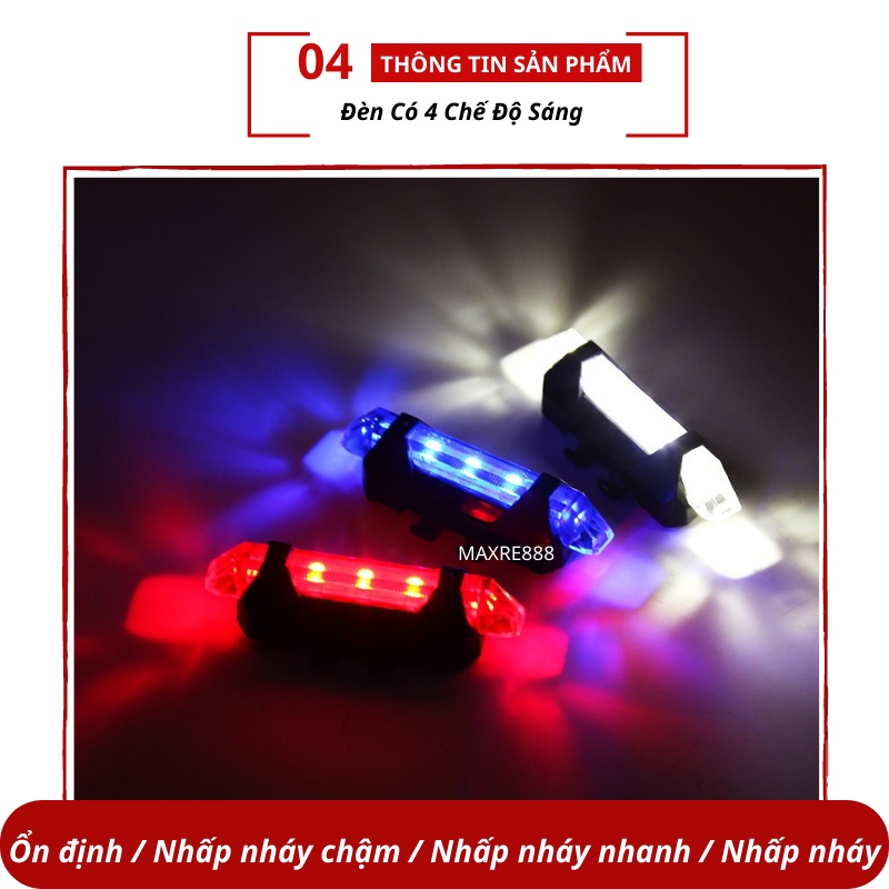 Đèn báo hiệu gắn hậu xe đạp 5 bóng LED có cổng sạc USB nhiều chế độ sáng