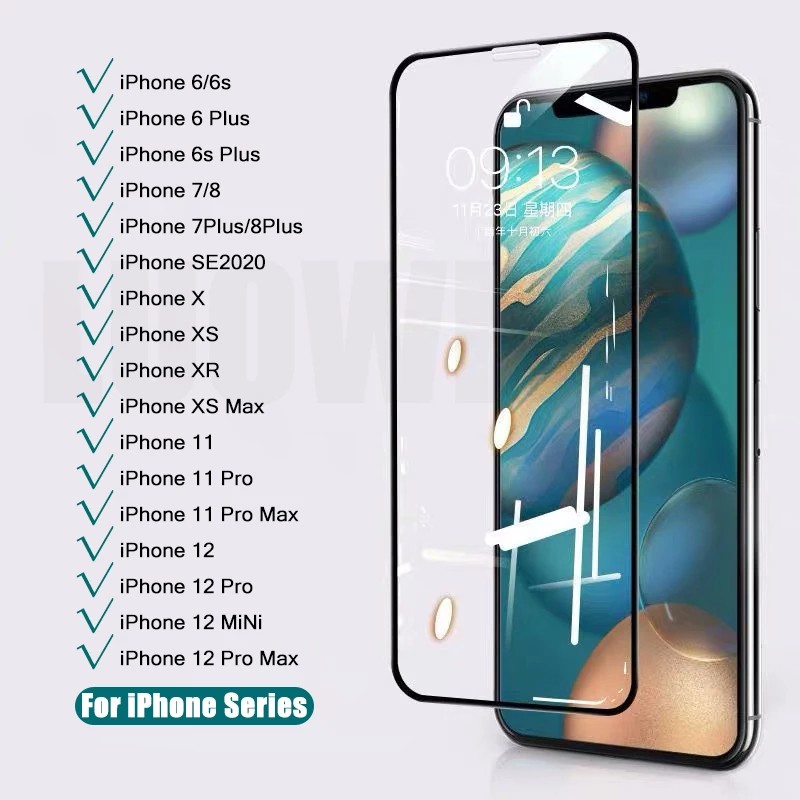 Kính cường lực 9D bảo vệ toàn màn hình cho điện thoại compatible for iPhone 14 13 12 11 Pro XR X XS Max Mini 8 7 6 6S Plus 5 5s SE 2020