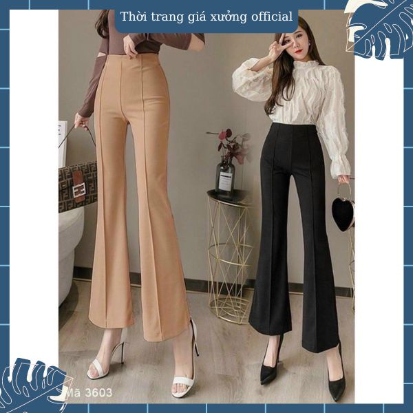 Quần ống loe lưng cao gân trước vải tuyết mưa