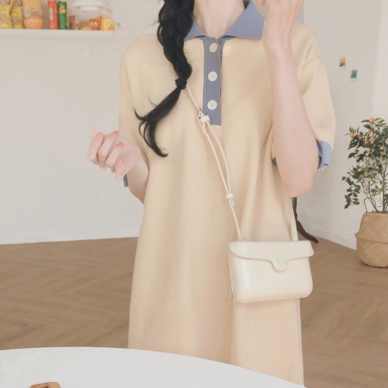 VÁY POLO KEM VIỀN CỔ XANH TRẮNG - ÁO VÁY POLO BE VIỀN PHỐI MÀU CÚC CÀI ULZZANG