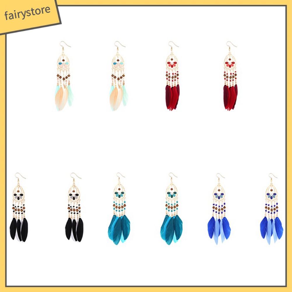 Hoa Tai Dáng Dài Phối Lông Vũ Phong Cách Bohomian