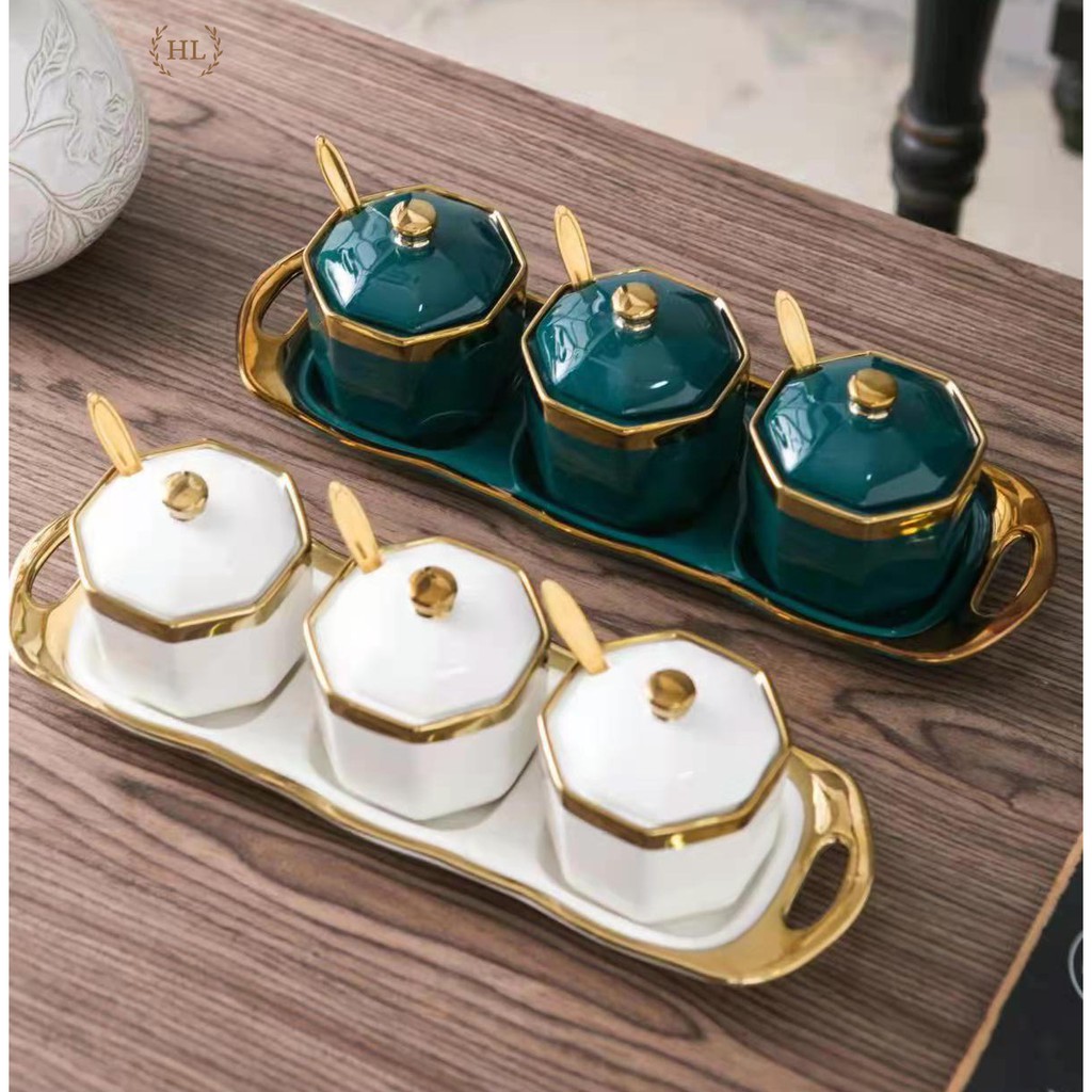 3 Hũ đựng gia vị chất liệu sứ kèm khay | HŨ ĐỰNG GIA VỊ DECOR PHONG CÁCH VINTAGE