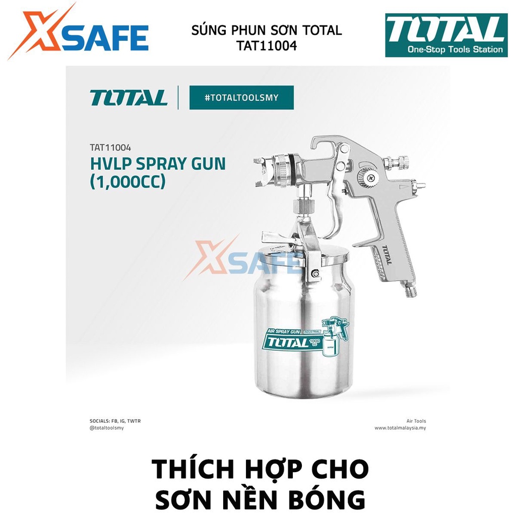 Bình phun sơn khí nén TOTAL TAT11004 đầu phun tiêu chuẩn 1.4mm, chiều rộng bình 180-250mm dung tích 1000cc, sơn nền bóng